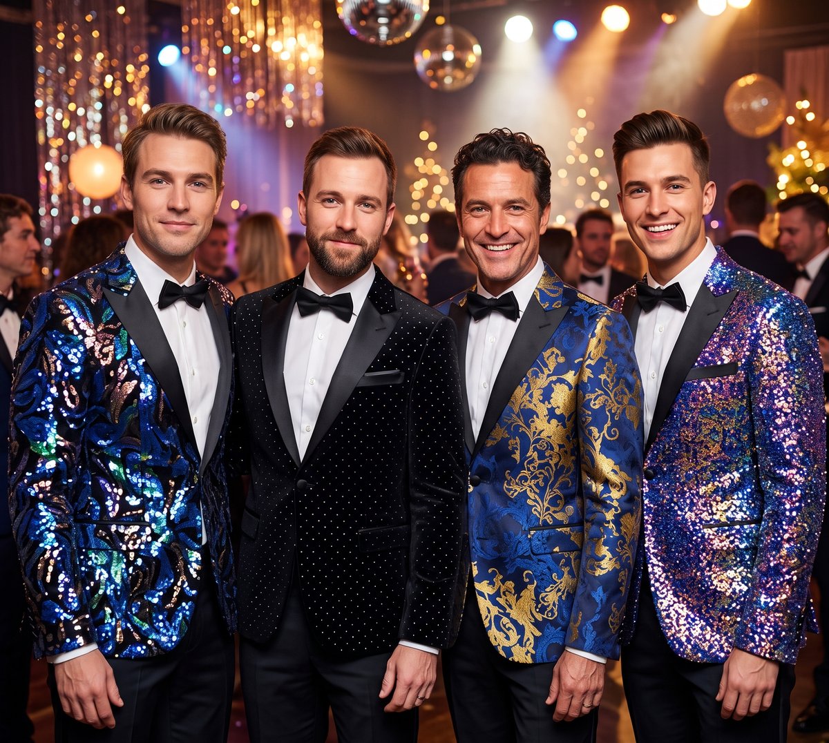 Quattro uomini con giacche da festa e smoking durante un gala